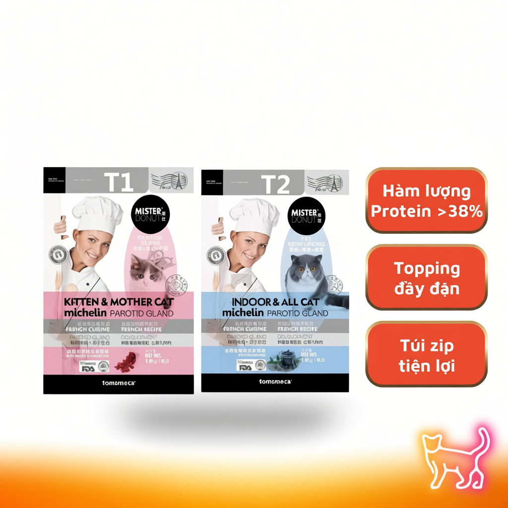 Thức Ăn Hạt Cho Mèo Mister Donut T1 & T2 Topping Thịt Sấy