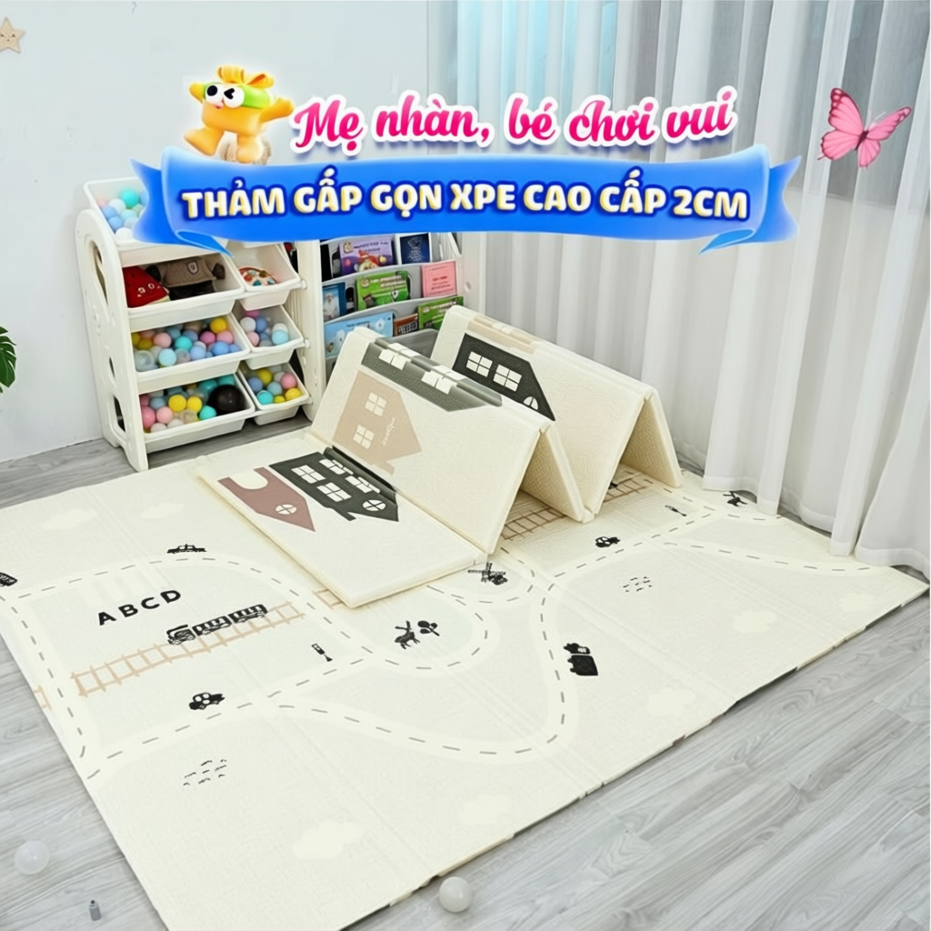 Thảm Gấp Gọn XPE Dày 1.5/2cm Chính Hãng Pakey, Thảm Cho Bé 2 Mặt Dày Dặn, Cách Nhiệt Tiện Lợi