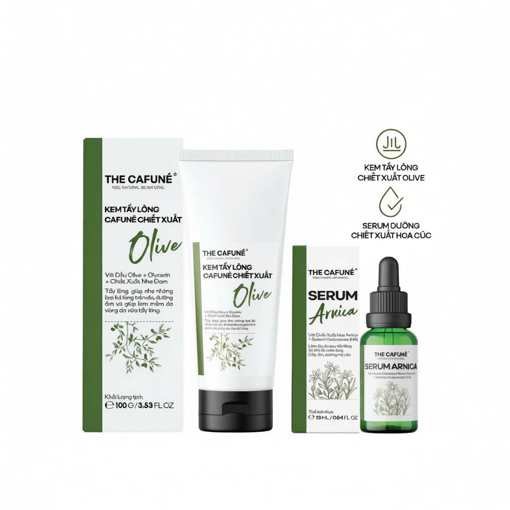 Combo và Chai Lẻ Kem Tẩy Lông Olive Và Serum Dưỡng Da Cafuné Sau Tẩy Lông Vùng Kín, Bikini, Chân, Ta