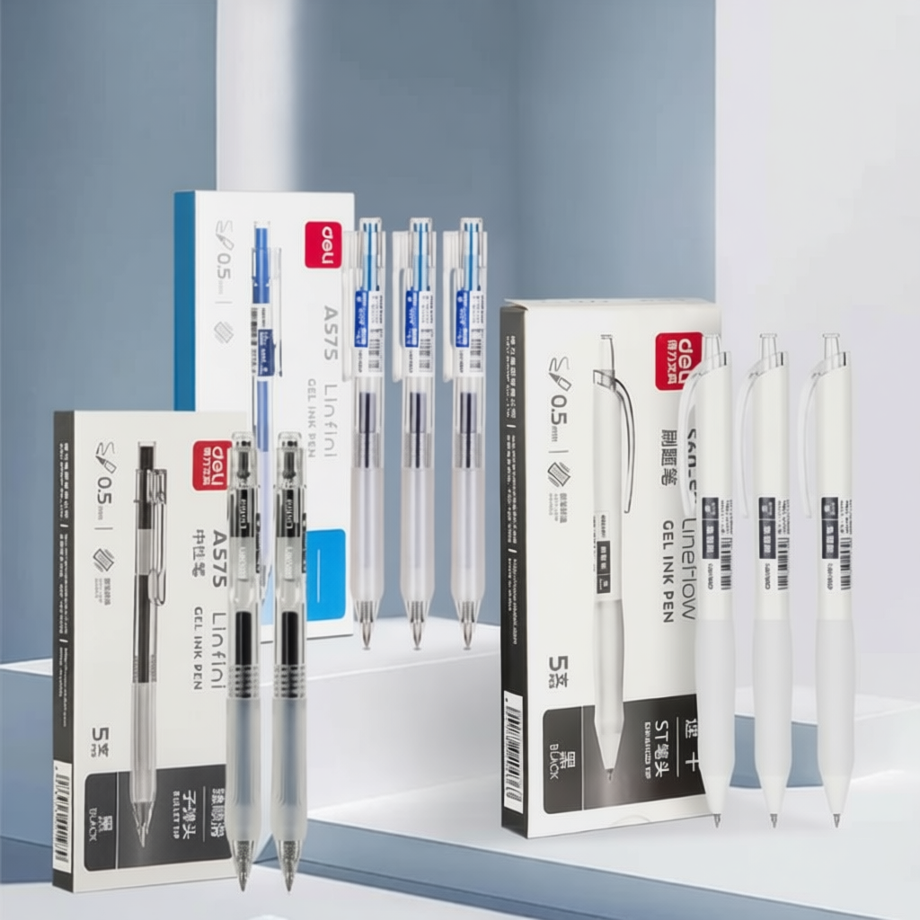 Hộp Bút Gel Deli A575 Bút Bi Nước 0.5mm, Bút Bi Bấm Mực Gel Trơn Tru Viết Sổ Caligraphy Dành Cho Học