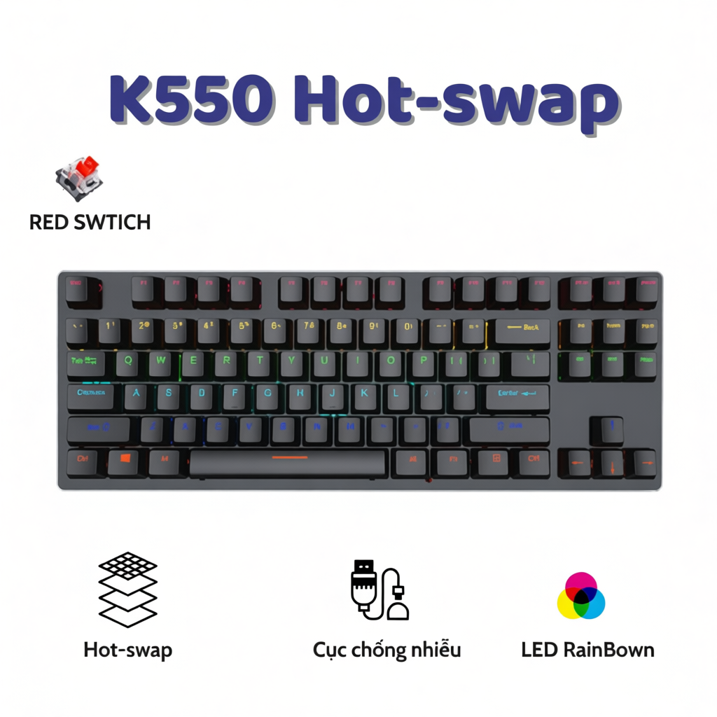 Bàn Phím Cơ Gaming K550 V4 LED Rainbow Đa Sắc Sáng Đèn