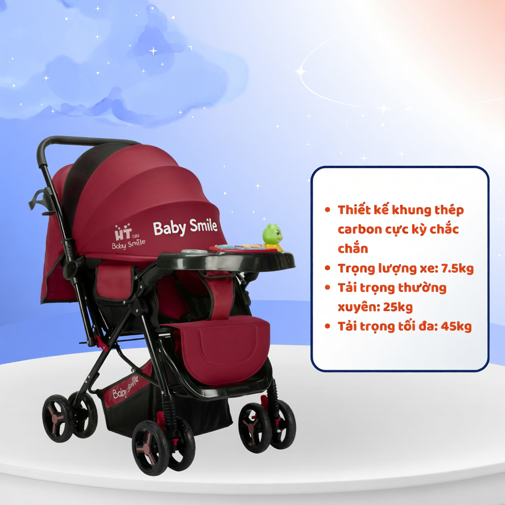 Xe đẩy cho bé Funnio HT105 khung đen, đẩy 2 chiều, 3 tư thế ngồi ngả nằm, phù hợp với bé sơ sinh