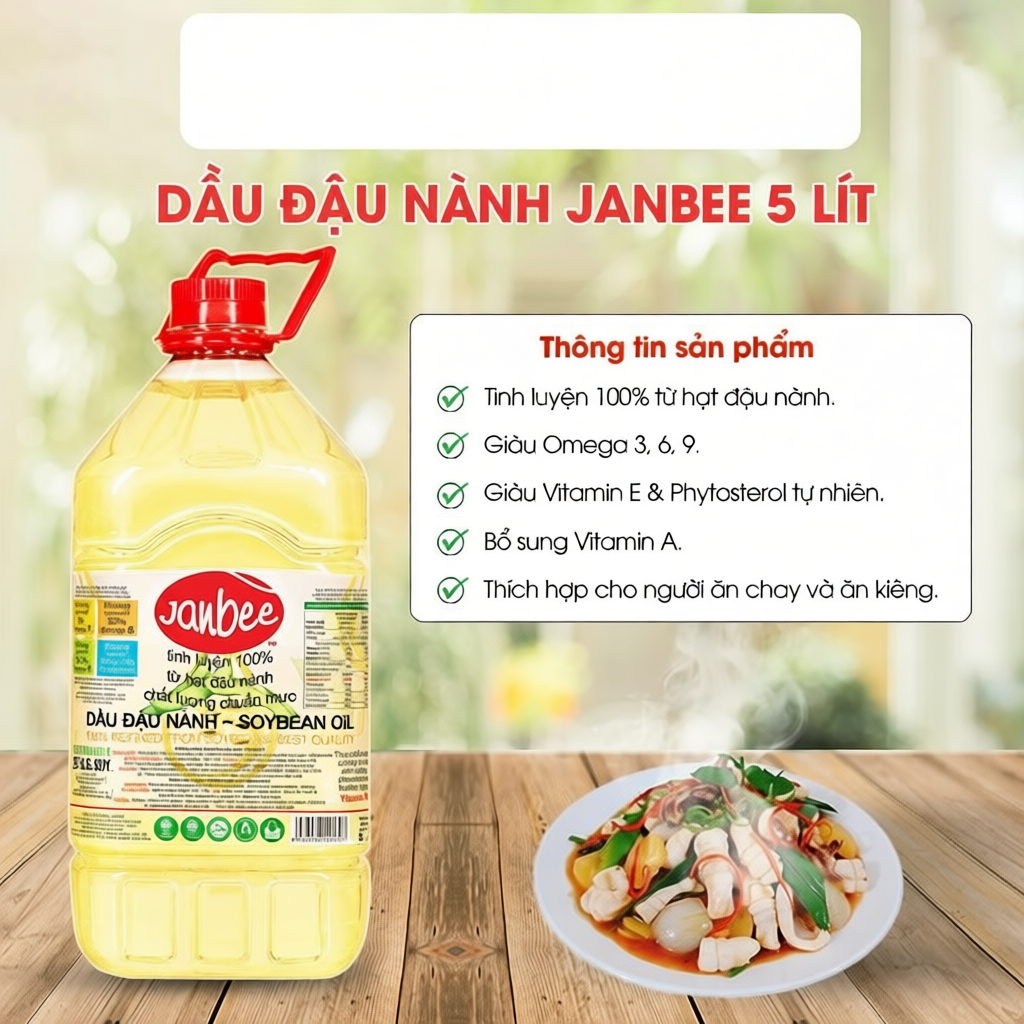 Dầu Đậu Nành Janbee 5 Lít – Nguyên Chất 100%, Không Trans Fat, Tốt Cho Tim Mạch