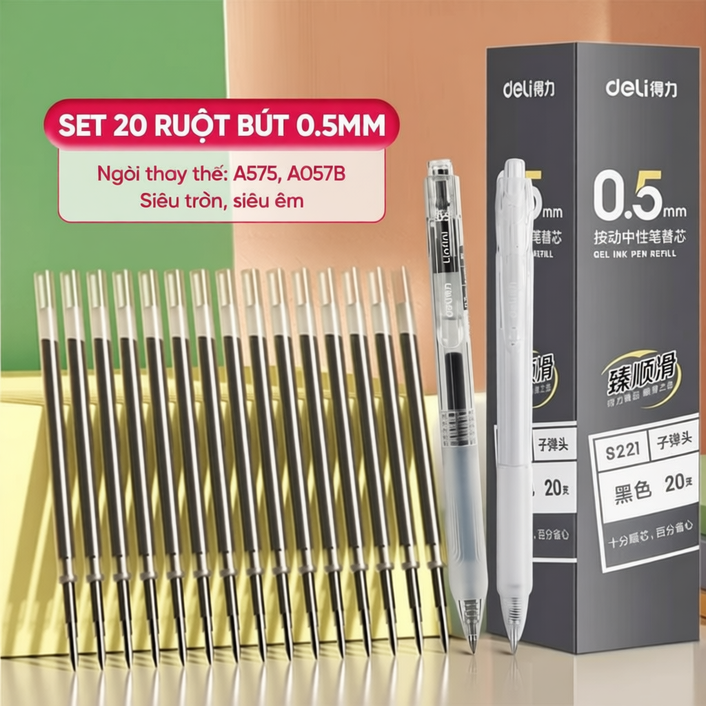 Combo 20 Ruột Bút Gel Deli S221 0.5mm Nhanh Khô, Viết Êm Ái