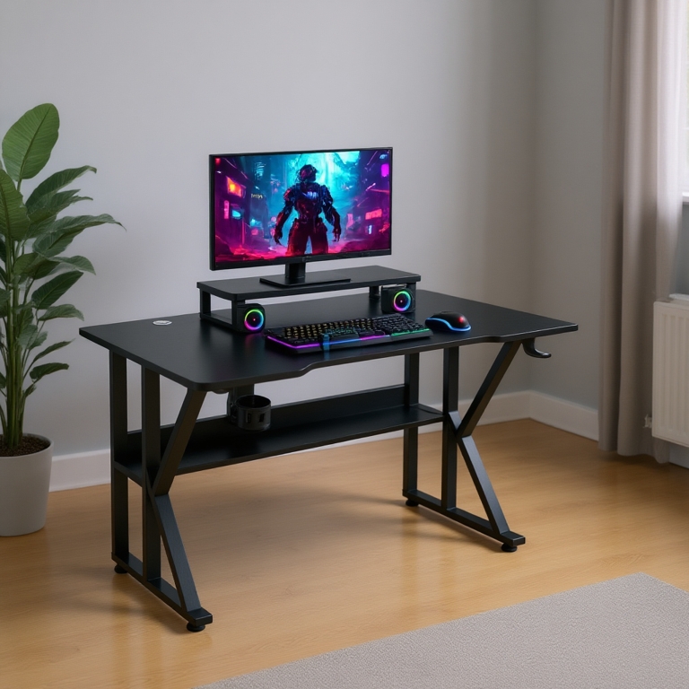 Bàn Làm Việc, Bàn Gaming Nội Thất 5C chân chữ K nhiều phiên bản, mặt gỗ 1m2,1m thiết kế cá tính,chân sắt sơn tĩnh điện