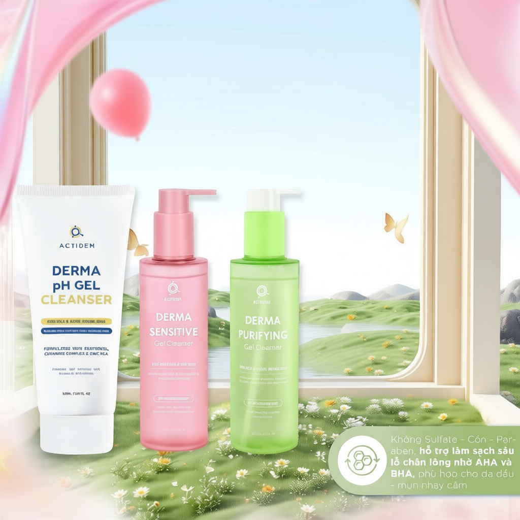 GEL RỬA MẶT ACTIDEM TRẮNG HỒNG XANH DERMA/SENSITIVE/PURIFYING