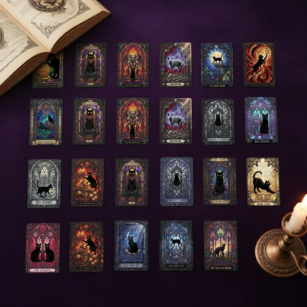 Bộ bài Tarot Mèo Đen Thủy Tinh Màu Mystic, Bộ 18 Lá Bài, Phong Cách Vintage, Quà Tặng Sưu Tầm