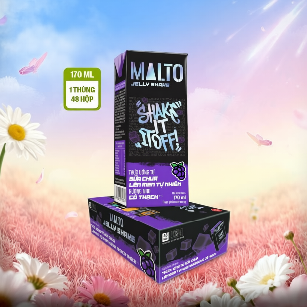 Sữa chua lên men tự nhiên MALTO Jelly Shake Shake It Off hương nho có thạch thùng 48 hộp x 170ml