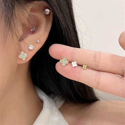 DREJEW 6 chiếc Bộ bông tai cỏ bốn lá kim bạc Zircon