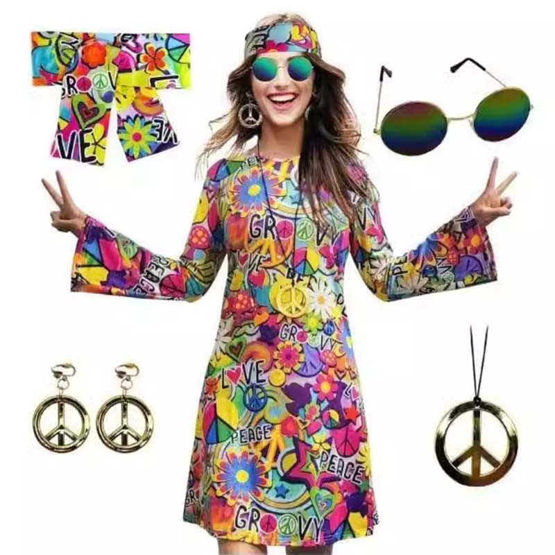 60 thập niên 70 Nữ Hippie Trang Phục Phụ Kiện Hippie Disco Đầm Halloween Boho Đầm Hippie