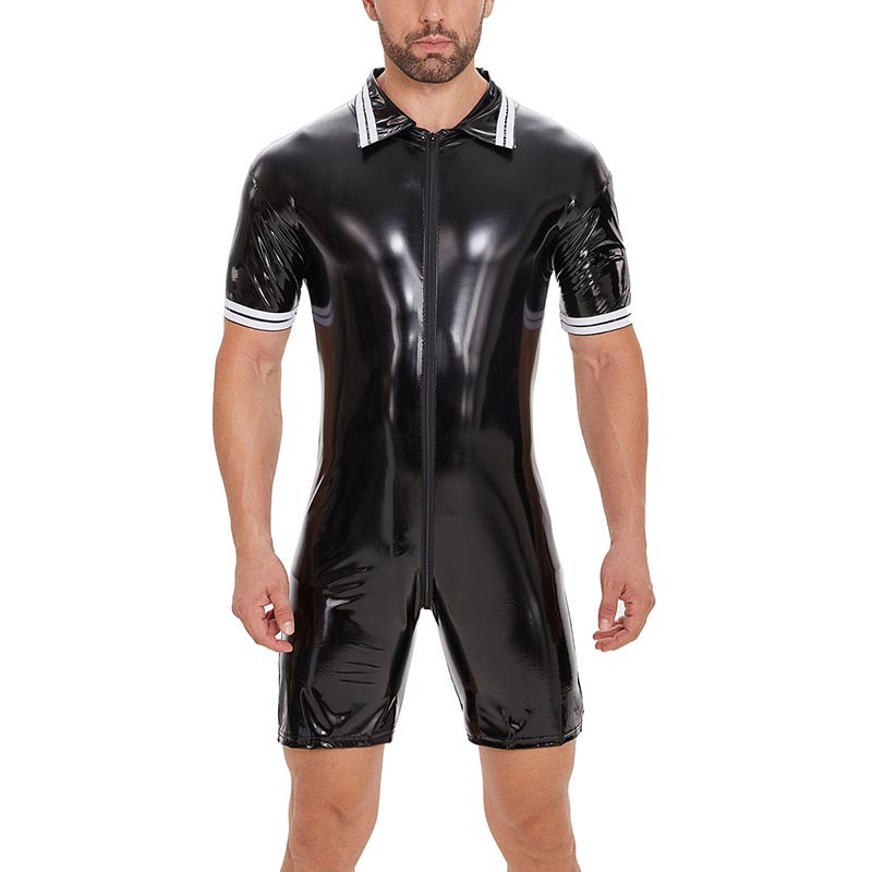 Nam Tay Ngắn Sáng Bóng Giả Da PU Catsuit Dây Kéo Mở Đáy Body PVC Quần cosplay bodysuit