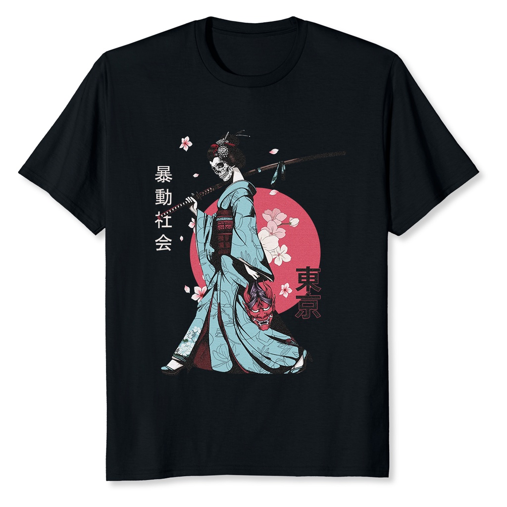Áo thun Geisha Samurai nghệ thuật Nhật Bản Skull Cherry Blossoms mới nhất