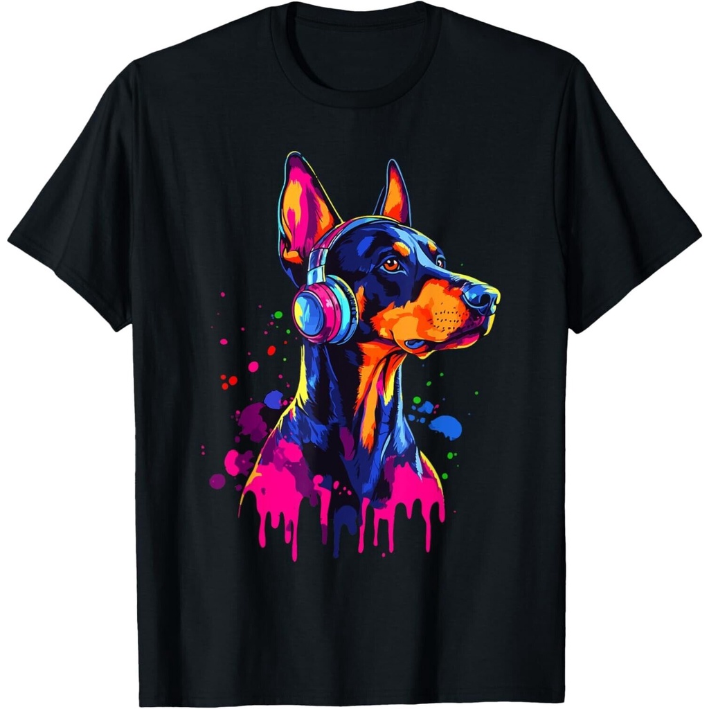 Doberman Lover Pop Art Đeo Tai Nghe Ngộ nghĩnh Áo Thun Doberman