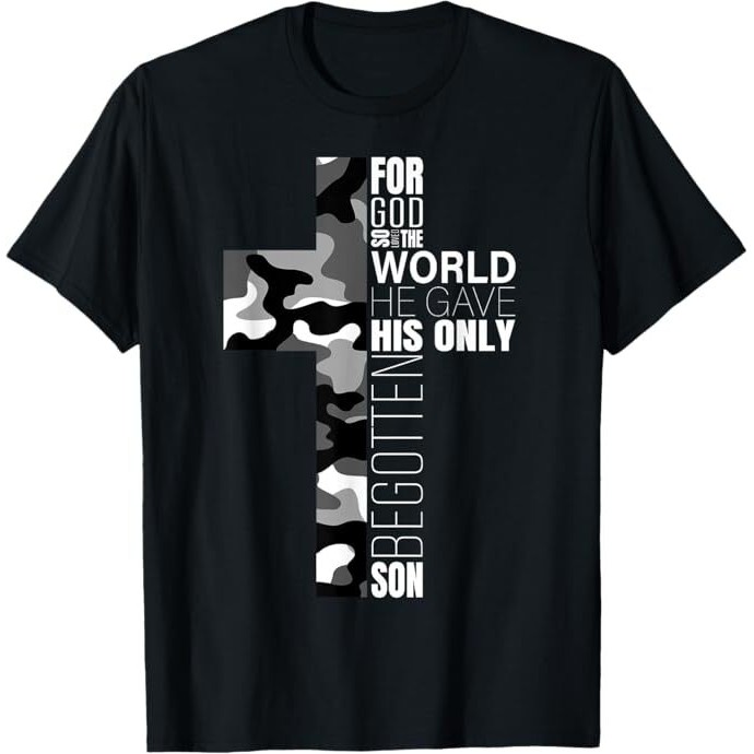 2025 bánh quế cho bạn bè Camo Christian Cross Bible Verse Men John 3 16 Áo thun xs-3xl