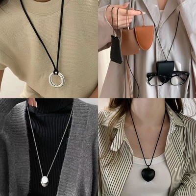 DREJEW Retro Phong Cách Hồng Kông Dây Da Nhân Tạo Vòng cổ Áo Len Lưỡi liềm Thời Trang Và Đa Năng