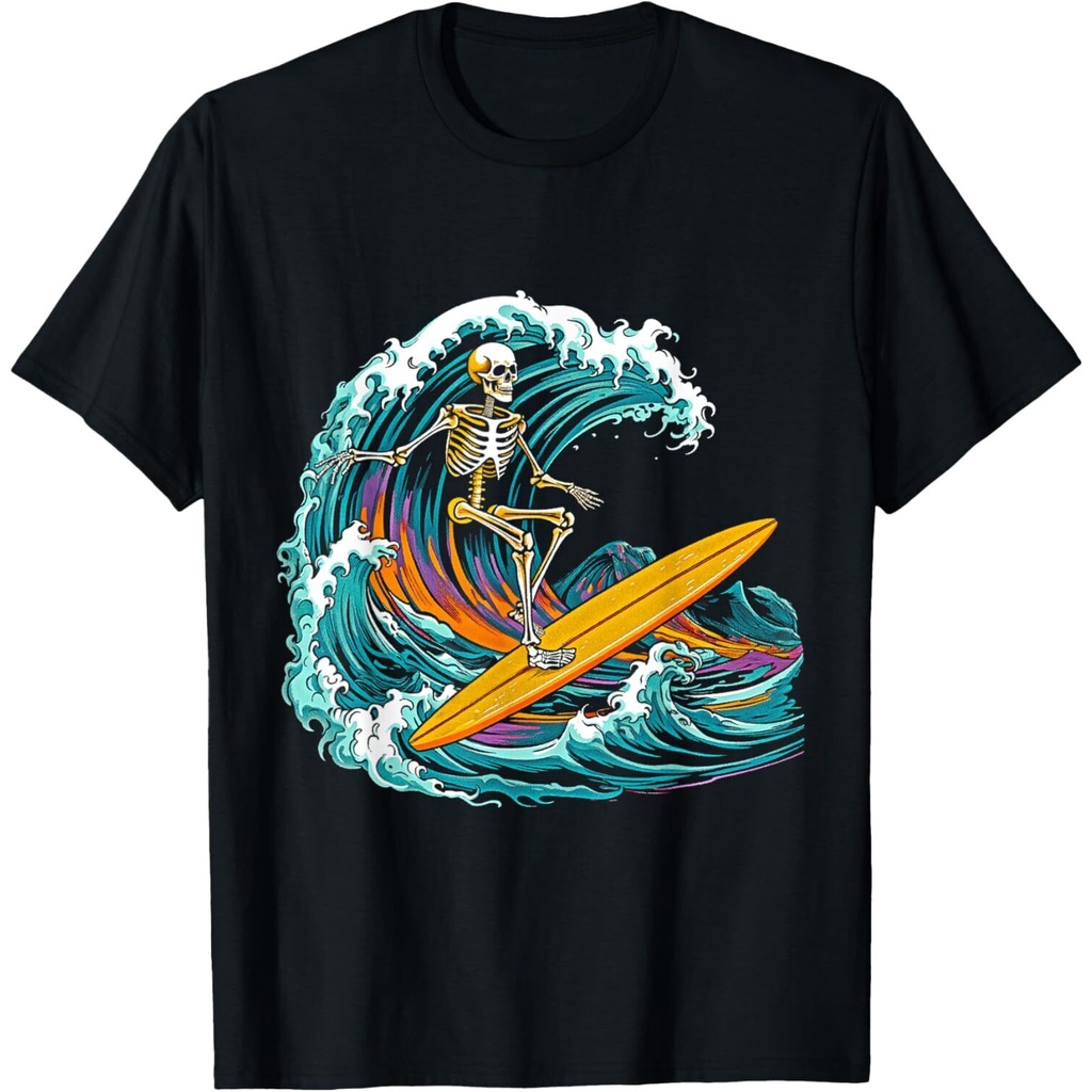 Skull Skeleton Surfer Wave Beach Vintage Ngộ nghĩnh 80S 80S Áo thun