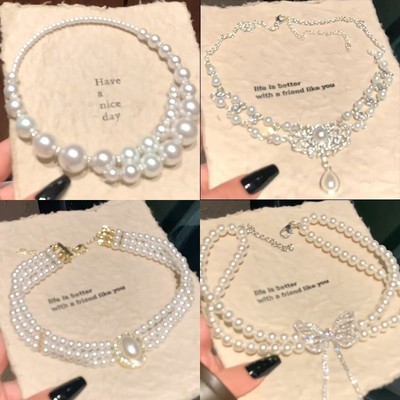 DREJEW Vòng cổ ngọc trai nhân tạo hình bướm kim cương sang trọng nhẹ kiểu Pháp