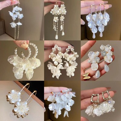 DREJEW Bạc 925 Kim Cương Bộ Ngọc Trai Nhân Tạo Phong Cách Cánh Hoa Tua Rua Bông Tai Nữ Siêu Cổ Tích Ngọt Ngào