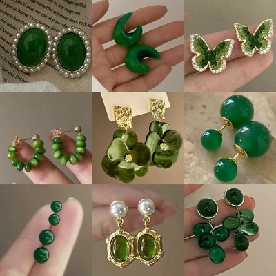 DREZEW Bông tai ngọc trai nhân tạo hoa bướm màu xanh lá cây kim bạc cho bông tai cao cấp mùa hè