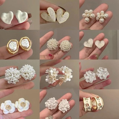 DREJEW Kim Bạc Hoa Pháp Tình Yêu Nhân Tạo Bông Tai Ngọc Trai Thanh Lịch Cao Cấp retro Bông Tai