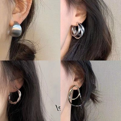 DREJEW Bạc kim loại nhiều lớp hình tròn phong cách bông tai thích hợp bông tai đơn giản bông tai