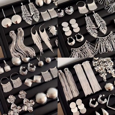 Bông tai tua rua bạc kim bạc thời trang công nghiệp nặng phong cách kim loại bông tai