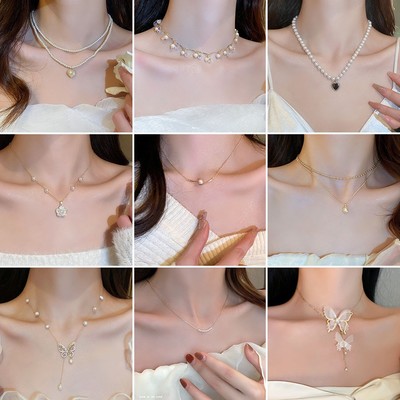 DREJEW Hàn Quốc khí chất tình yêu bướm ngọc trai nhân tạo vòng cổ tua rua thích hợp thời trang dây chuyền xương đòn cao cấp