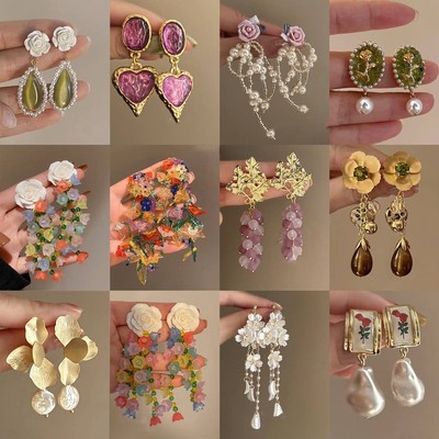 DREJEW ilver kim cương Bộ bông tai ngọc trai pha lê nhân tạo Châu Âu và Mỹ cổ điển nhẹ nhàng sang trọng bông tai dài