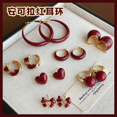 DREJEW Bạc kim encore bông tai tình yêu tròn màu đỏ phong cách Hồng Kông bông tai cổ điển tai