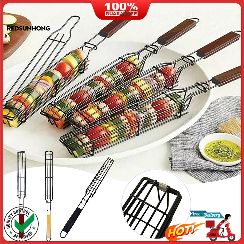 ☆Giỏ Nướng Thịt Nướng Mini Có Tay Cầm Bằng Gỗ Lồng Xoay Chống Dính Cho Gà Rau Củ Hải Sản Di Động Keb