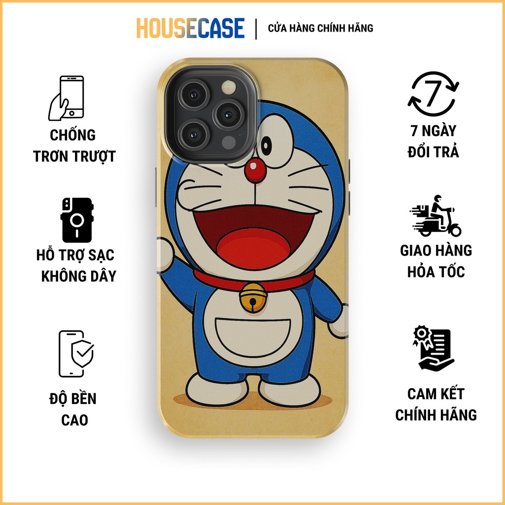 Ốp iphone đứng vẫy tay chào hỏi vui vẻ DORAEMON nền giấy cũ vintage đẹp TPU cứng