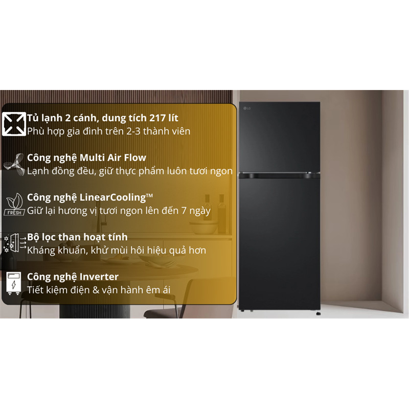 Tủ lạnh LG Inverter 217 lít LTB21BLMI 2025 - Indonesia Bảo hành chính hãng