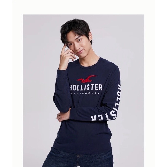 Thương Hiệu Mới Xác Thực Hollister Cổ Điển Logo Họa Tiết Áo Thun Seagull Dài Tay Top Nam Hải Quân Xa