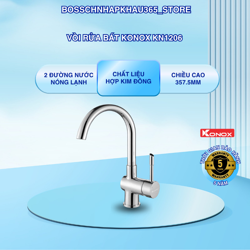 Vòi Rửa Bát Konox KN1206 – Hợp Kim Đồng – Bề Mặt Mạ PVD Chrome 5 Lớp Sáng Bóng – Bossch365