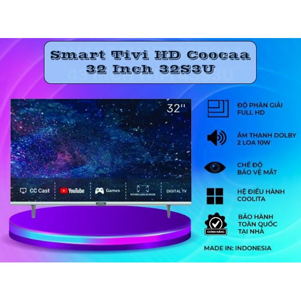 Smart Tivi HD Coocaa 32 Inch 32S3U - INDONESIA Bảo hành chính hãng