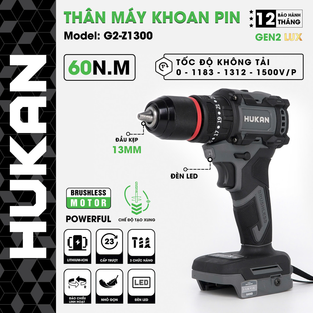 THÂN MÁY KHOAN PIN 21V 13MM BODY G2-Z1300 HUKAN -HÀNG CHÍNH HÃNG