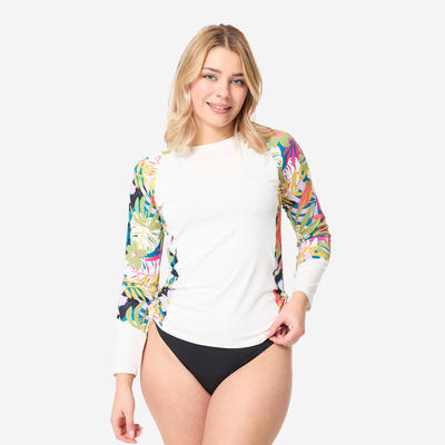 Áo thun dài tay lướt sóng nữ chống tia UV DECATHLON Kanika trắng/họa tiết mã 8916544