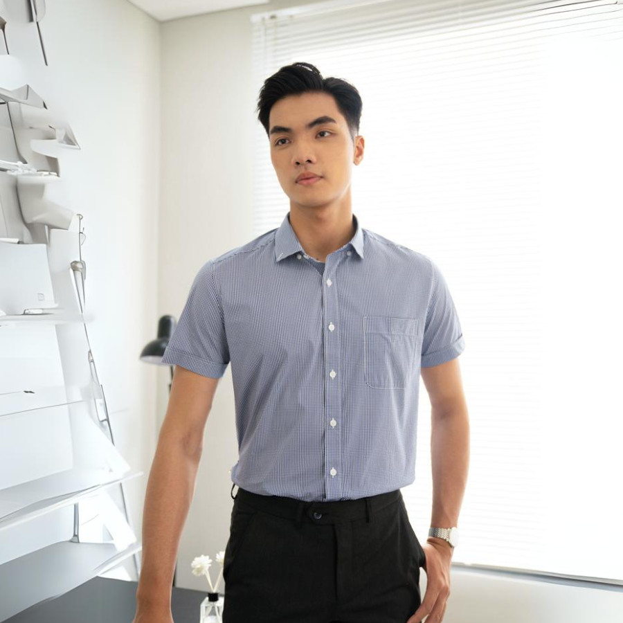 Áo Sơ Mi Nam Tay Ngắn Họa Tiết Caro Màu Xanh 1C711 - Thái Tuấn Fashion
