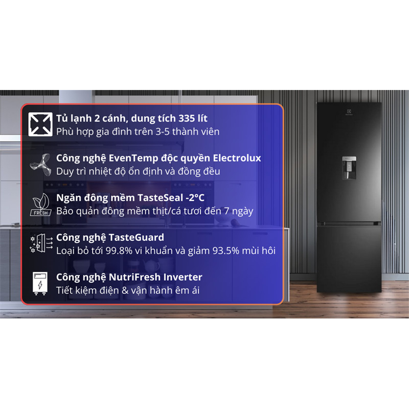 Tủ Lạnh Electrolux Inverter 335 Lít EBB3742M-H 2024 - Thái Lan Bảo hành chính hãng