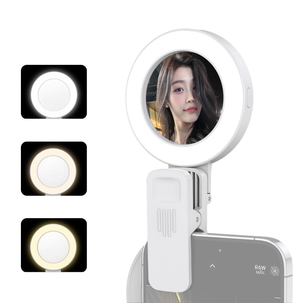 Đèn vòng Selfie kẹp cho điện thoại có gương 3 chế độ Độ sáng 180° Pin tích hợp có thể xoay được iPho