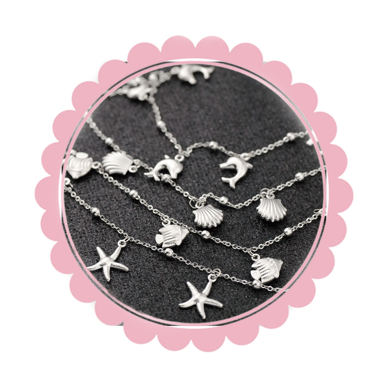 Lắc Chân Inox Mix Charm LC76 – 5 Kiểu Dáng Ngôi Sao / Hòa Bình / Vỏ Ốc / Cánh Biển