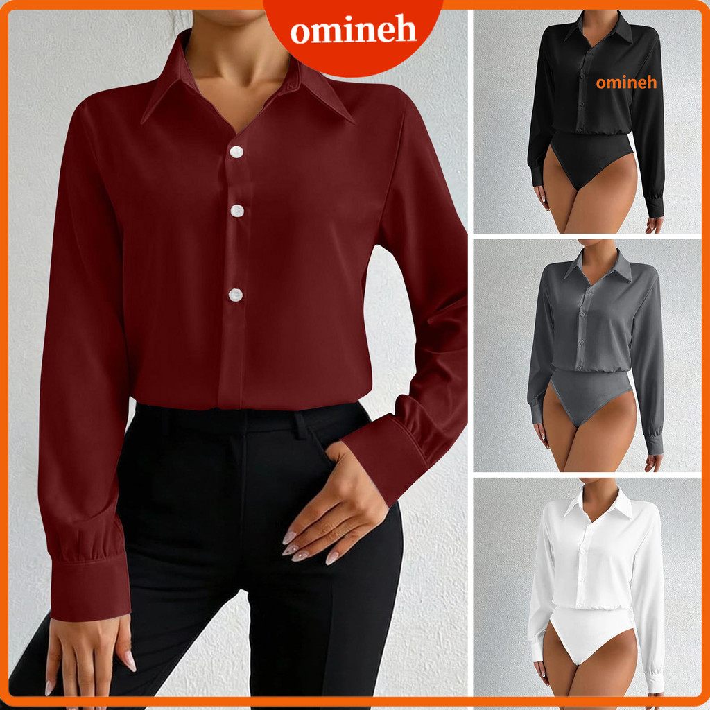 [omineh] Áo sơ mi công sở dành cho nữ Body Nút trên xuống Ve áo dài tay Áo sơ mi công sở một mảnh dá