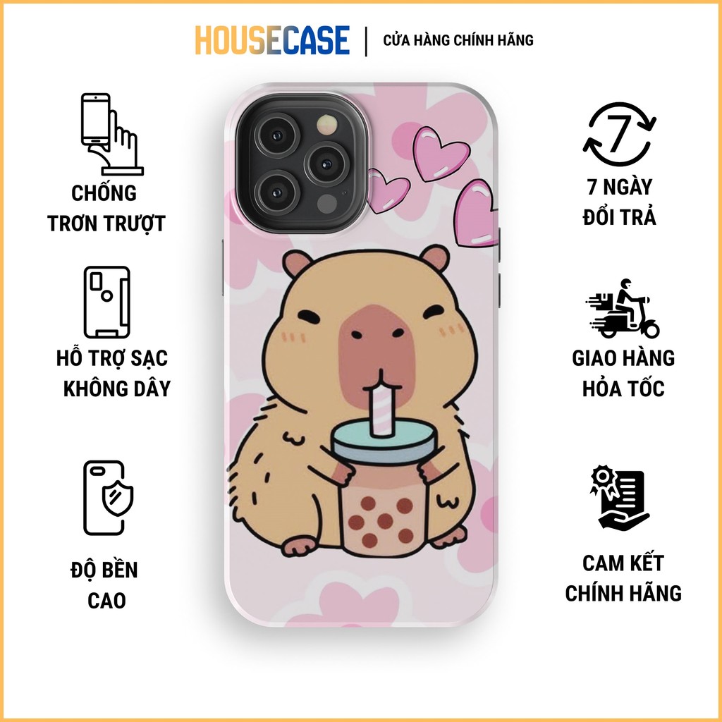 Ốp iPhone Capybara uống trà sữa trân châu BOBA TEA LOVE ngọt ngào đẹp TPU cứng