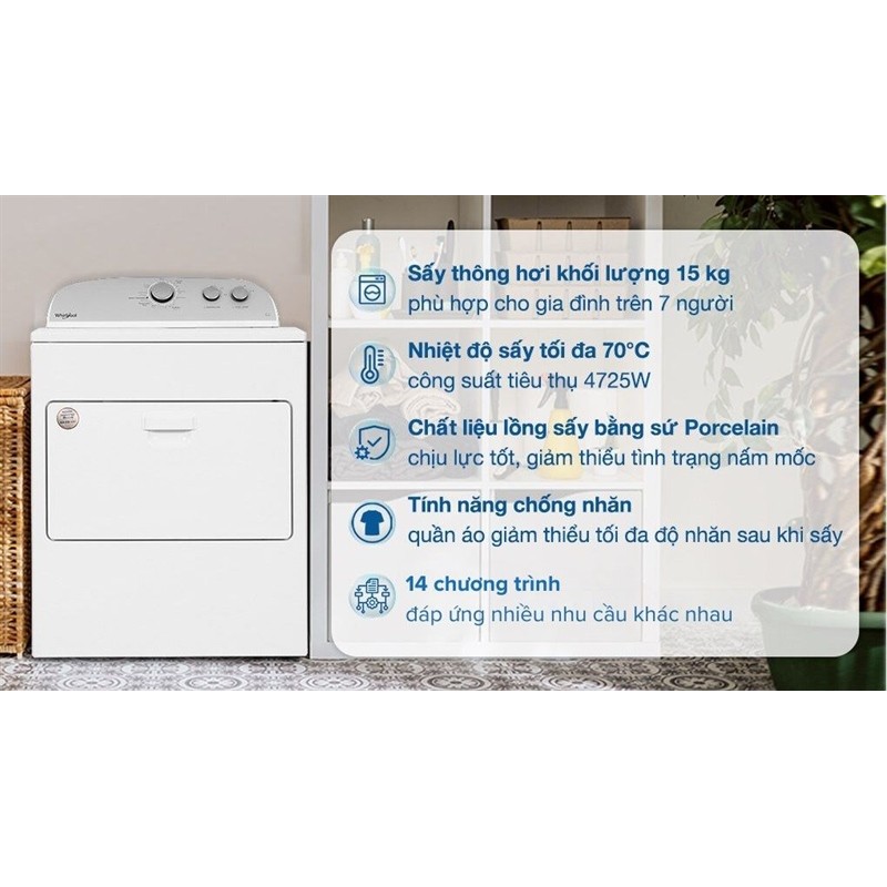 Máy sấy thông hơi Whirlpool 15 kg 3LWED4815FW0 - MỸ Bảo hành hãng