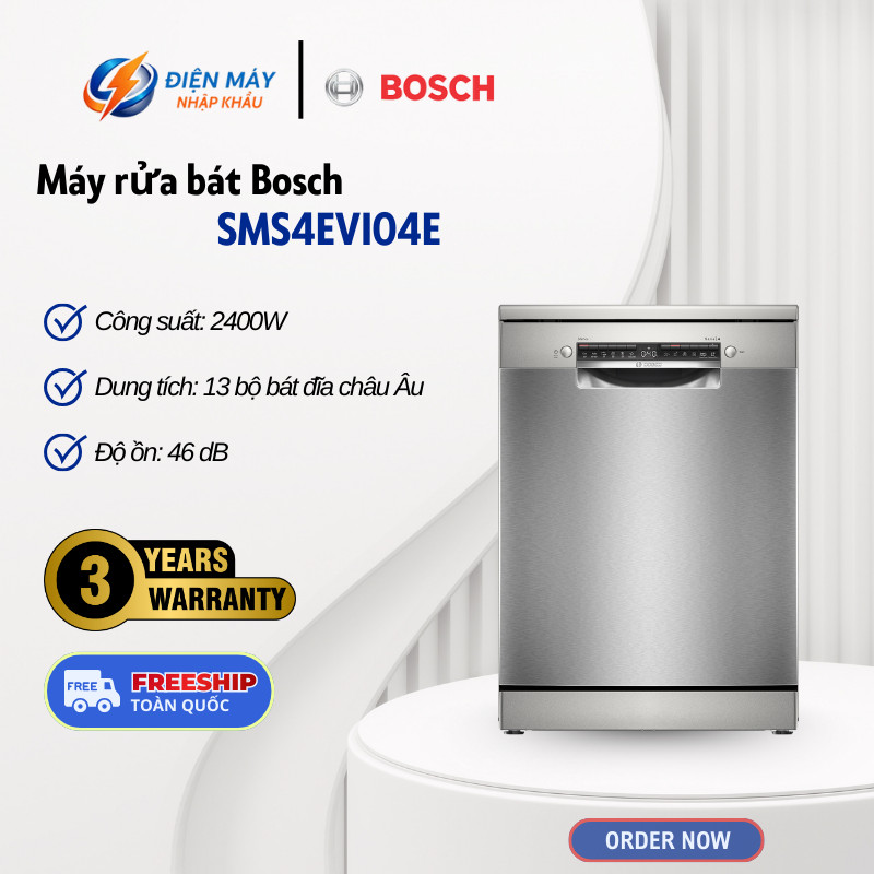 Máy Rửa Bát Độc Lập Bosch SMS4EVI04E Serie 4 - Dung Tích 13 Bộ Đồ Ăn Châu Ân - Điều Khiển Nút Nhấn