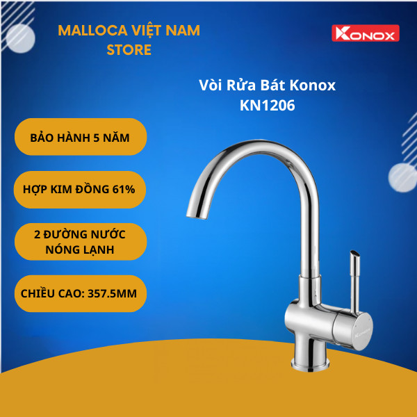 Vòi Rửa Bát Konox KN1206 – 2 Đường Nước Nóng Lạnh – Thân Vòi Xoay 360 Độ Linh Hoạt