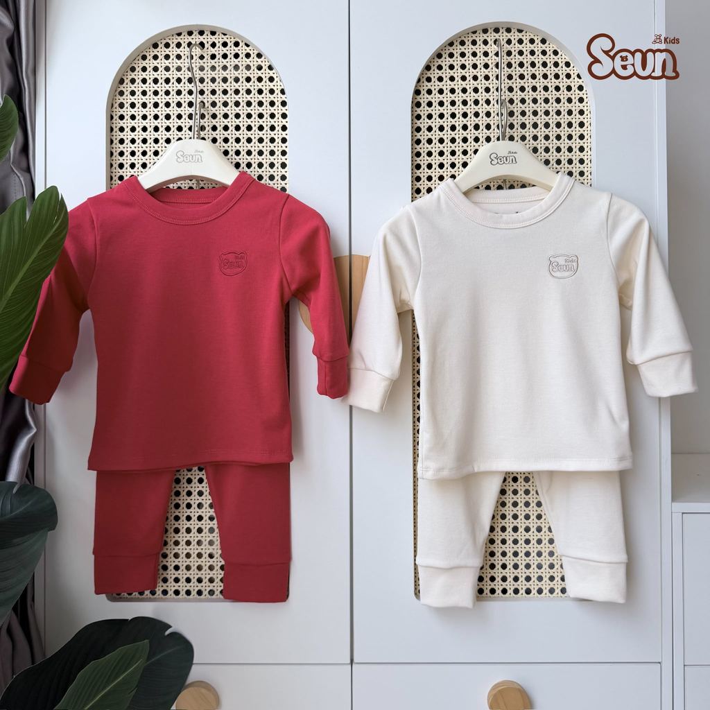 | SEUNKIDS | Bộ dài tay cotton Hàn trơn bé gái bé trai Seunkids bộ đồ cho bé