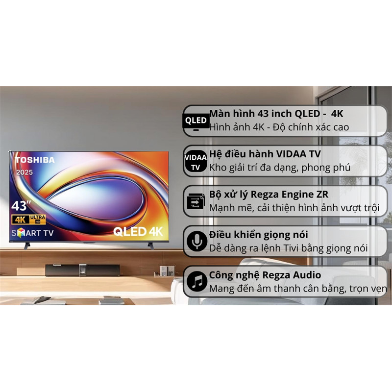 Smart Tivi QLED Toshiba AI 4K 43 inch 43M450RP 2025 - Việt Nam Bảo hành hãng