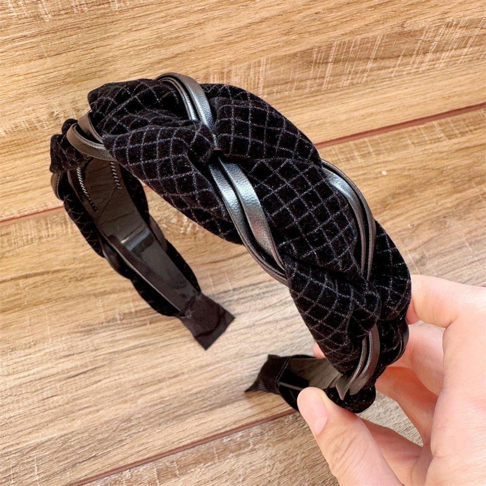 [Ưu đãi đặc biệt] B168-2 Băng đô rộng vành cao cấp của Pháp Influencer Retro pu Velvet Twist Braid H