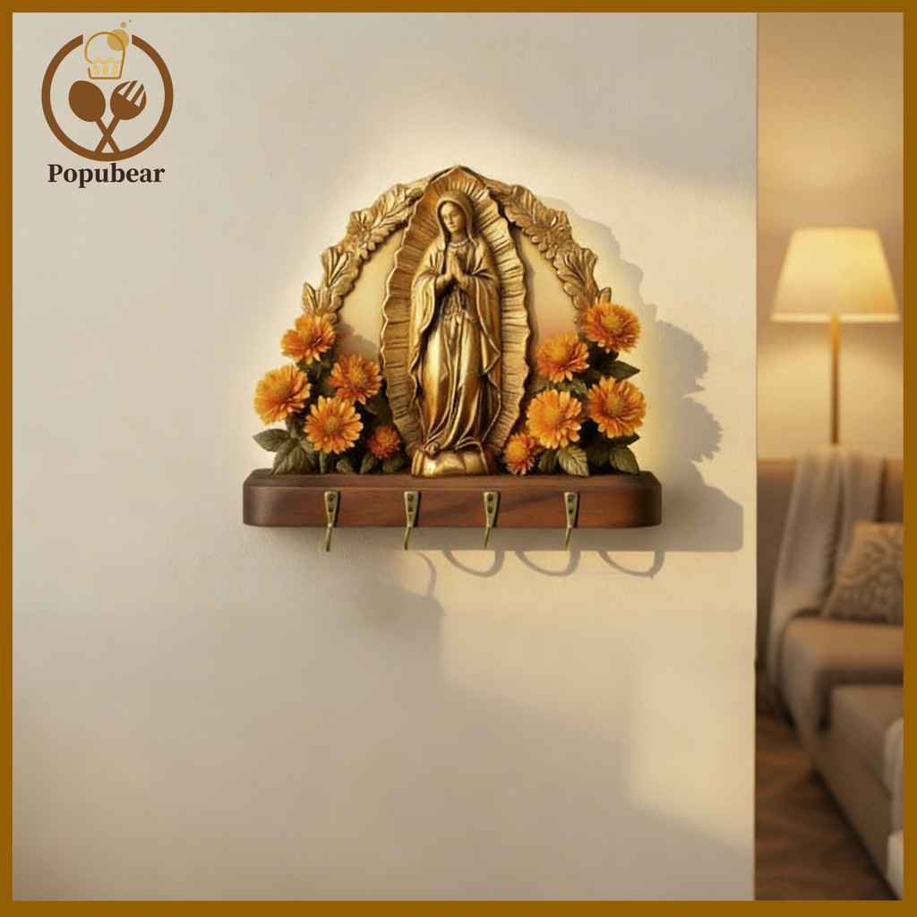PLAY- 2D Flat Virgin Mary Wall Key Holder Farmhouse Nghệ thuật treo tường tôn giáo với 4 móc kim loạ